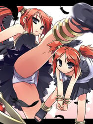 black_eyes bracelet cameltoe eris_(glory_of_heracles) feathers glory_of_heracles grey_eyes high_kick jewelry kick kicking panties pantyshot red_hair sandals short_hair short_twintails staff tied_hair tomoshibi_hidekazu twintails underwear upskirt