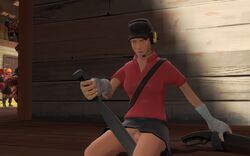 3d bandage bandaged_arm baseball_bat baseball_cap bat being_watched closed_eyes color day demoman engineer female gun hat heavy_weapons_guy human masturbation outdoors pussy rule_63 scout shirt sitting skirt sniper spy team_fortress_2 vulva weapon