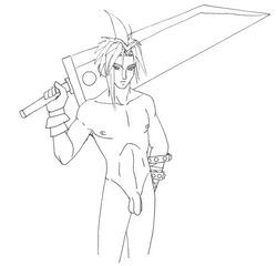 buster_sword cloud_strife final_fantasy final_fantasy_vii front_view male male_only monochrome nude penis solo standing sword weapon yaoi