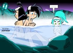 00s 1boy 2000s 2005 2girls back_to_back black_hair blue_hair danny_fenton danny_phantom embarrassed ember_mclain female ghost ghost_girl goth_girl human neoslashott nickelodeon nude onsen outdoors sam_manson straight_hair towel_on_head