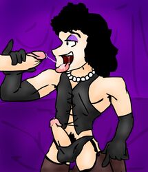 2boys balls_outline black_hair cock_hungry cum_hungry cum_in_mouth cum_on_tongue cum_string dr_frank-n-furter elbow_gloves erection exposed_penis eyeshadow gay giving_head going_down_on holding_penis kneeling_oral_position looking_at_penis male male_only male_pubic_hair mostly_offscreen_character mouth_open necklace penis_out penis_size_difference precum_bubble purple_background purple_eyeshadow retracted_foreskin rocky_horror rocky_horror_picture_show sheer_legwear tagme thighhighs tongue_out vest