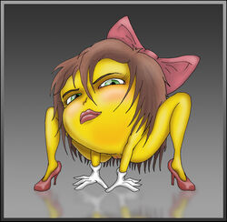 blush brown_hair crouching female gradient_background green_eyes hair_bow high_heels legs_apart lipstick ms._pac-man namco pac-man_(series) pussy red_shoes reflection simple_background spread_legs white_gloves