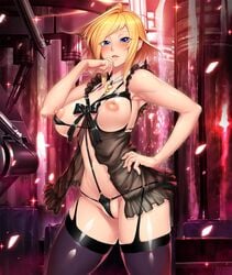 blonde_hair blue_eyes breasts curvy female large_breasts lilith-soft lingerie looking_at_viewer nipples no_bra partially_visible_vulva shinganji_kurenai shiny shiny_skin short_hair smile standing taimanin_(series) taimanin_asagi taimanin_asagi_battle_arena taimanin_kurenai thick_thighs thighhighs thighs zol