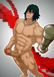 1boy abs erection green_hair hydaria kill_la_kill looking_at_viewer male_only muscles nipples penis sanageyama_uzu standing sword