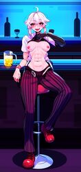 1girls abs bar beer black_panties breasts dana_zane drooling drunk flashing lifted_by_self light-skinned_female light_skin looking_at_viewer medium_breasts nipples panties red_eyes sachiko saliva saliva_trail short_hair smile solo tomboy va-11_hall-a