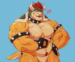 1boy bara blue_background bowser chesschirebacon fingerless_gloves gloves heart looking_at_viewer male male_only mario_(series) nintendo simple_background solo solo_male standing thumbs_up