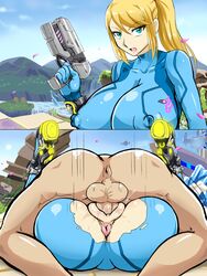 1boy 1girls alternate_breast_size anus ass backsack balls bangs battlefield_(super_smash_bros) big_ass big_breasts blonde_hair blue_eyes bodysuit breasts clothed_female_nude_male clothing darm_engine duo female gun hair heart highres huge_ass huge_breasts instant_loss_2koma large_breasts male male_anus mating_press metroid missionary mole_under_mouth nintendo nipple_bulge nipples nude penetration penis pokies pussy pussy_juice samus_aran sex sidelocks straight super_smash_bros. torn_clothes unseen_male_face vaginal_penetration video_games weapon zero_suit zero_suit_samus