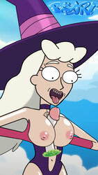 1boy 1girls breasts choker crow_witch ear female female_focus gloves hat holding_breast large_breasts long_hair male necklace nipples open_mouth paizuri penis pixzuri portal rick_and_morty rick_sanchez smile straight titjob tongue tongue_out unseen_male_face white_hair white_skin witch witch_hat