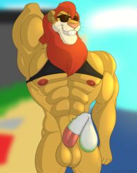 1boy abs anthro balls beach biceps bodily_fluids clothed clothing condom cum d.a.r.e. daren erection eyewear felid filled_condom genital_fluids genitals grin hi_res humanoid_genitalia humanoid_penis klr-rio lion male male_focus male_only mammal muscular muscular_anthro muscular_male nipples pantherine pecs penis seaside sexual_barrier_device shirt smile solo sunglasses topwear wearing_condom