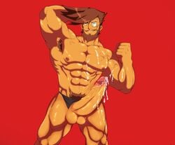 1boy 1male abs armpit armpit_hair balls bara beard biceps black_speedo brown_hair cum cumshot guilty_gear koaraterritory male male_only male_pubic_hair monocle muscular muscular_male muscular_thighs pecs pubes pubic_hair red_background slayer_(guilty_gear) testicles uncircumcised uncut vampire veiny veiny_penis