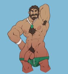 1boy arm_behind_head arm_up armpit_hair bara beard chesschirebacon chest_hair facial_hair hand_behind_head league_of_legends malcolm_graves male male_only nude pubic_hair solo solo_male speedo underwear_around_legs whistle whistle_around_neck wink