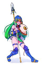 1girls bare_legs blue_eyes blush boots broken embarrassed fingerless_gloves fire_emblem fire_emblem:_path_of_radiance fire_emblem:_radiant_dawn gloves green_hair helmet large_breasts light-skinned_female light_skin long_hair nephenee_(fire_emblem) nintendo open_mouth panties sachiko shield skirt solo spear torn_clothes very_long_hair weapon white_background white_panties