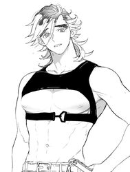 crop_top demon_slayer douma halter_top kimetsu_no_yaiba kureten looking_at_viewer male male_only monochrome muscular muscular_male pecs solo spiky_hair thick_eyebrows