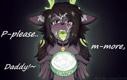 <3_eyes anthro antlers black_body black_fur black_hair blush bodily_fluids bowl cervid collar container cum cum_in_bowl cum_in_container cum_in_hair cum_on_face daddy_kink dialogue domestic_cat ears_back english_text felid feline felis fur genital_fluids girly glowing glowing_markings green_eyes green_tongue hair heart holding_bowl horn hybrid inner_ear_fluff lazy_simba looking_at_viewer male mammal markings open_mouth pet pet_bowl petplay pivoted_ears renny_(darkwheel1) roleplay slut_collar solo submissive submissive_male tag text tongue tuft