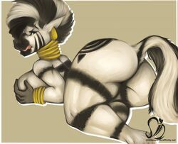 anthro ass big_breasts breasts ear_piercing equid equine female friendship_is_magic gold_(metal) gold_jewelry hasbro jewelry licking licking_lips looking_at_viewer looking_back lying mammal my_little_pony nude on_front piercing raised_tail simple_background sintacle solo straight_hair text tongue tongue_out url zebra zecora_(mlp)