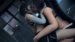 2girls 3d ass_grab black_hair bra closed_eyes dbd dead_by_daylight female female_focus female_only feng_min grabbing hand_on_ass holding jane_romero kissing light-skinned_female long_hair patreon ponytail sfm sfmgonewild shorts sitting sitting_on_person thick yuri