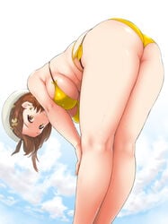 1girls ass atelier_(series) atelier_ryza atelier_ryza_2 bangs bare_shoulders bent_over beret big_breasts bikini bikini_lift black_ribbon blue_sky blush braid breasts brown_eyes brown_hair closed_mouth clothes_lift day earrings female female_only hair_ornament hairclip hat highres kemigawa_mondo large_breasts looking_at_viewer outdoors reisalin_stout ribbon short_hair side_braid sky smile solo solo_female swimsuit thick_thighs thighs underboob wet white_headwear yellow_bikini