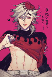 abs blonde_hair demon_boy demon_slayer douma kimetsu_no_yaiba licking_lips looking_at_viewer male male_only multicolored_hair muscular muscular_male pink_background rainbow_eyes sharp_fingernails shirt_lift solo spiky_hair thick_eyebrows turtleneck