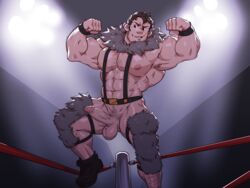 1boy balls bara beowulf_(skullgirls) boner chesschirebacon chest_hair clothed erect_penis erection facial_hair flexing flexing_bicep male male_only pantless penis proud_of_his_cock pubic_hair skullgirls solo solo_male wrestler wrestling_ring