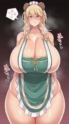 1girls aba_rano apron apron_only arms_behind_back bear_ears belly big_breasts blonde_hair blue_eyes blush chubby curvaceous curvy frigga_(last_origin) last_origin long_hair sideboob stench sweaty_body thick_thighs twintails voluptuous wide_hips