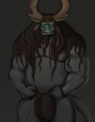 2021 20th_century_fox anthro bodily_fluids bottomwear bovid bovine bracelet brown_hair bulge cattle clothed clothing digital_media_(artwork) dreamworks embarrassed erection genitals grey_body hair hat headgear headwear hi_res horn jewelry kai_the_collector kung_fu_panda kung_fu_panda_3 loincloth long_hair looking_away male mammal muscular nanadagger overweight partially_clothed pecs penis shaded solo standing sweat sweatdrop thick_penis thick_thighs topless veiny_muscles