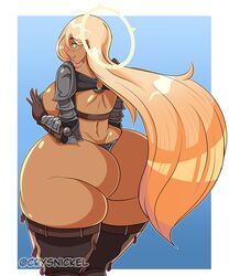 aasimar anahi_(jack_cayless) armor ass barbarian blonde_hair crysnickel dark-skinned_female dark_skin dungeons_and_dragons fanart female forgotten_realms halo huge_ass huge_butt humanoid looking_back pasties sideboob thick_thighs wide_hips