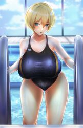 1girls :o bare_shoulders blonde_hair blue_eyes blue_sky blue_swimsuit blush breasts clavicle clothing competition_swimsuit eyebrows_visible_through_hair female girls'_frontline guchagucha high_resolution large_breasts looking_at_viewer mole mole_under_eye one-piece_swimsuit open_mouth pool short_hair sky solo standing swimsuit tank_suit thighs very_high_resolution very_short_hair vsk-94_(girls_frontline) window