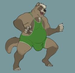 1boy 2021 anthro brown_body brown_fur bulge canid canine fur horrorbuns humanoid_hands male mammal musclegut overweight overweight_male raccoon_dog simple_background solo solo_male tanuki wrestling_singlet