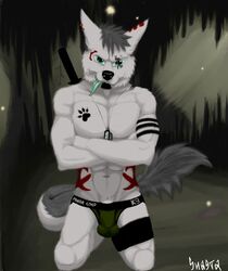 bulge canid canine canis hi_res hybrid male male/male mammal military nude sergal serwolf shastadow solo tattoo wolf