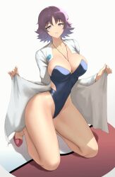 1girls absurd_res anagumasan bra breasts cleavage female female_only hi_res labcoat large_breasts looking_at_viewer nintendo philena_ivy pokemon purple_hair solo swimsuit thighs wide_hips