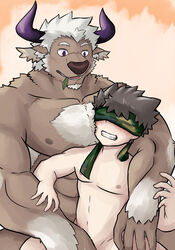 accessory anthro big_pecs blush body_hair bovid bovine brown_hair cattle convenient_censorship duo eyes_covered gay hair headband hi_res holding_partner horn hug human human_on_anthro interspecies larger_anthro male male/male male_only mammal muscular muscular_anthro muscular_male navel nipples nude pecs protagonist_(tokyo_afterschool_summoners) protagonist_1_(tokyo_afterschool_summoners) shennong size_difference smaller_human tokyo_afterschool_summoners video_games white_hair yaoi