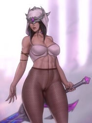 1girls belly black_hair black_nails cleavage covered_eyes deity divine_slut female female_only fishnets freli goddess greek_mythology hips hood lips medium_breasts nemesis_(smite) no_panties pantyhose pussy pussy_visible_through_clothes smite solo standing sword weapon