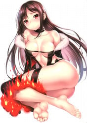 1girls ass bangs bare_shoulders barefoot blush bottomless breasts breasts_apart brown_hair chinese_language cleavage closed_mouth collar dksha doujinshi dress earrings english eyebrows_visible_through_hair fate/grand_order fate_(series) feet female female_ass fire full_body full_color fur_trim garter high_resolution japanese_language jewelry kase_daiki korean_language legs legs_together long_hair looking_at_viewer medium_breasts no_bra no_panties nopan red_eyes scan shiny shiny_hair shiny_skin sidelocks simple_background sitting soles solo strapless strapless_dress thighs toes very_high_resolution white_background yu_miaoyi_(fate)