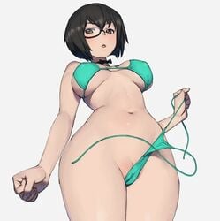 bikini black_hair blush brown_eyes female female_only girls_und_panzer kawashima_momo looking_at_viewer monocle onsen_tamago open_mouth short_hair simple_background underboob