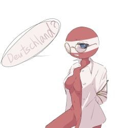 1girls austria_(countryhumans) blue_eyes clothing countryhumans countryhumans_girl covered_breasts exposed_pussy eyebrows female female_only german_text glasses medium_breasts red_body red_fur simple_background text white_background