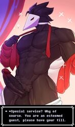 bara black_feathers black_skin buff butler deltarune english_text khanosera male_only masculine muscles muscular muscular_male servant solo_male swatchling_(deltarune) swole tagme