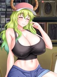 1girls 2020s 2021 big_breasts black_topwear blue_bottomwear blush breasts cap closed_eyes couch denim_shorts dyed_hair ecstasy eyebrows_visible_through_hair eyes_closed female hat horns huge_breasts indoors kactzzu large_breasts living_room long_hair manga miss_kobayashi's_dragon_maid multicolored_hair one_arm_up quetzalcoatl_(dragon_maid) shiny_breasts shiny_hair shiny_legs shiny_skin shorts sitting sitting_on_couch smile snapback solo solo_female tank_top thick_thighs thighs two_tone_hair two_tone_headwear visor_cap wide_hips