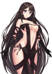 akuta_hinako bangs black_dress breasts brown_hair center_opening choker clavicle cowboy_shot dress ear_piercing elbow_gloves fate/grand_order fate_(series) female female gloves long_hair looking_at_viewer medium_breasts navel piercing qin red_eyes revealing_clothes simple_background solo strapless strapless_dress tagme underboob very_long_hair white_background yu_miaoyi_(fate)