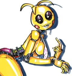 abyss animatronic bedroom_eyes bent_over big_breasts drooling five_nights_at_freddy's hard_shadow napkin pointing red_cheeks robot_girl robot_humanoid sharp_teeth shiny sideboob sweating thick_thighs toy_chica_(fnaf)