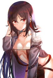 akuta_hinako arched_back arm_support assassin bangs bent_over black_choker black_dress black_hair blush breasts brown_hair center_opening choker clavicle cleavage collar_(clothes) cowboy_shot dress ear_piercing earrings eyebrows_visible_through_hair fate/grand_order fate_(series) female female fur fur-trimmed_jacket fur_collar fur_trim grey_jacket groin hair_brushing hair_flip hand_up high_resolution jacket jewelry leaning_forward light_background long_hair long_sleeves looking_at_viewer medium_breasts navel open_clothes open_jacket parted_lips piercing red_eyes revealing_clothes revision ribbon_trim sidelocks simple_background solo star_(symbol) star_print starry_sky_print sunhyun tagme very_long_hair white_background yu_miaoyi yu_miaoyi_(fate)