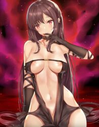 areolae arm_support bangs bare_shoulders belly black_dress black_gloves black_hair blood blood_from_mouth blush breast_slip breasts brown_hair center_opening choker clavicle dress ear_piercing earrings elbow_gloves ero_waifu eyebrows_visible_through_hair fate/grand_order fate_(series) female female female_only gloves head_tilt jewelry large_breasts light_particles long_hair looking_at_viewer multiple_earrings navel nipple_slip nipples piercing red_eyes revealing_clothes sitting solo stomach strapless strapless_dress tagme toned very_long_hair wiping_mouth yu_miaoyi_(fate)