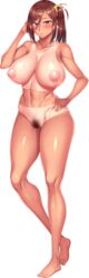 :o absurdres ane_ane_z_saimin bangs barefoot blue_eyes breasts brown_hair completely_nude female female_pubic_hair full_body game_cg hair_ornament hair_scrunchie hand_on_hip hand_to_head highres long_hair mature_female milf narumiya_makoto navel nipples nude parted_bangs photoshop_(medium) pubic_hair scrunchie side_ponytail solo standing tachi-e tan tanlines transparent_background yatsuki_hiyori