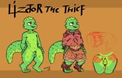 4_toes 5_fingers anthro ass backsack balls claws clothed clothing dumliz english_text feet fingers genitals green_balls green_perineum green_sheath hi_res horn kobold lizetor male nude penis perineum reptile scalie smile solo text toes