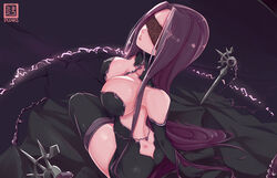 alternative_costume ass backless_outfit black_dress black_gloves black_legwear blindfold breasts chains cleavage dagger dress elbow_gloves fate/grand_order fate/stay_night fate_(series) female gloves lace large_breasts long_hair magic mask medusa medusa_(fate) nekomimipunks open-back_dress parted_lips pinned pixiv_id_90607 purple_hair solo tagme thighhighs very_long_hair weapon wedding