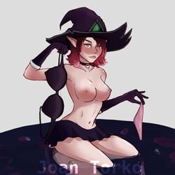 alternate_hairstyle bewitching_morgana bra breasts hat joan_torko league_of_legends morgana necklace panties pierced_nipples red_hair short_hair skirt tales_from_the_rift_series