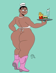 1girls 2021 apron apron_only artist_logo ass big_ass black_hair black_milf boots burger cowboy_boots dark-skinned_female dark_skin earring earrings female female_only flo_(kid_cosmic) food fries frostbiteboi glasses hat huge_ass kid_cosmic_(series) large_ass milf milkshake naked naked_apron naked_female rear_view simple_background solo thick_thighs thigh_boots thighs tray waitress wide_hips