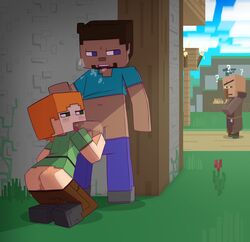 2021 ? alex_(minecraft) ass belly_button block_head blocky_anatomy blocky_body blowjob blue_eyes blue_pants blue_shirt blush boots brown_hair brown_pants cube cube_body cube_head cubic_anatomy cubic_body cubic_breasts dark-skinned_male detailed_background fellatio green_eyes green_shirt heavy_breathing hexanne hidden hiding light-skinned_female minecraft oral oral_sex orange_hair pants_down polygonal pussy square_(anatomy) square_anatomy square_body square_head steve_(minecraft) tongue villager_(minecraft)