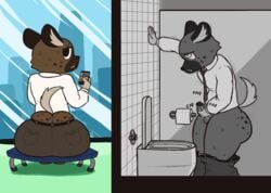 aggressive_retsuko ailurid anthro aroused ass ass_cleavage at_work balls bathroom belt bench big_butt bodily_fluids bottomless bottomless_male bottomwear brown_body brown_bottomwear brown_clothing brown_fur brown_pants building business_attire butt_crack cellphone clothed clothing colored erection footwear fur furniture genitals glass haida hand_on_wall hi_res holding_object holding_phone huge_butt humanoid_genitalia humanoid_penis hyaenid inner_ear_fluff light_tail looking_at_viewer looking_back looking_up male male_only mammal masturbation muttering necktie on_furniture open_mouth panties pants pants_down panty_shot partially_clothed penile penile_masturbation penis phone photo pockets public public_masturbation public_restroom raised_tail red_panda restroom_stall retsuko round_ears sanrio shirt shoes simple_background sitting sitting_on_bench smartphone smooth_fur snout solo solo_male spots spotted_butt spotted_hyena standing sweat text thick_thighs toilet toilet_bowl toilet_paper topwear tuft unaware undersized_clothing underwear unprofessional_behavior wardrobe_malfunction zlut385