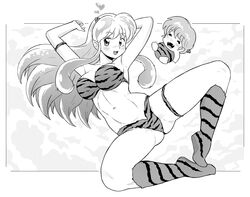 1girls 80s bikini breasts clouds curvaceous female flying gamegwl greyscale happy horns jariten large_breasts long_hair lum male midair monochrome oni pointy_ears princess smiling solo tiger_print urusei_yatsura