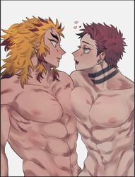 2boys abs akaza_(kimetsu_no_yaiba) blonde_hair blush demon_slayer docking gay kimetsu_no_yaiba komewokue looking_at_another male male_only muscular muscular_male neck_tattoo nude pecs piercings red_hair rengoku_kyoujurou tattoos thick_eyebrows two_tone_hair upper_body